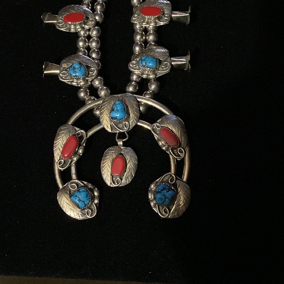 Native American Indian Squash Blossom Necklace measuring 32” long x 3 1/4” wide. - Picture 9 of 9